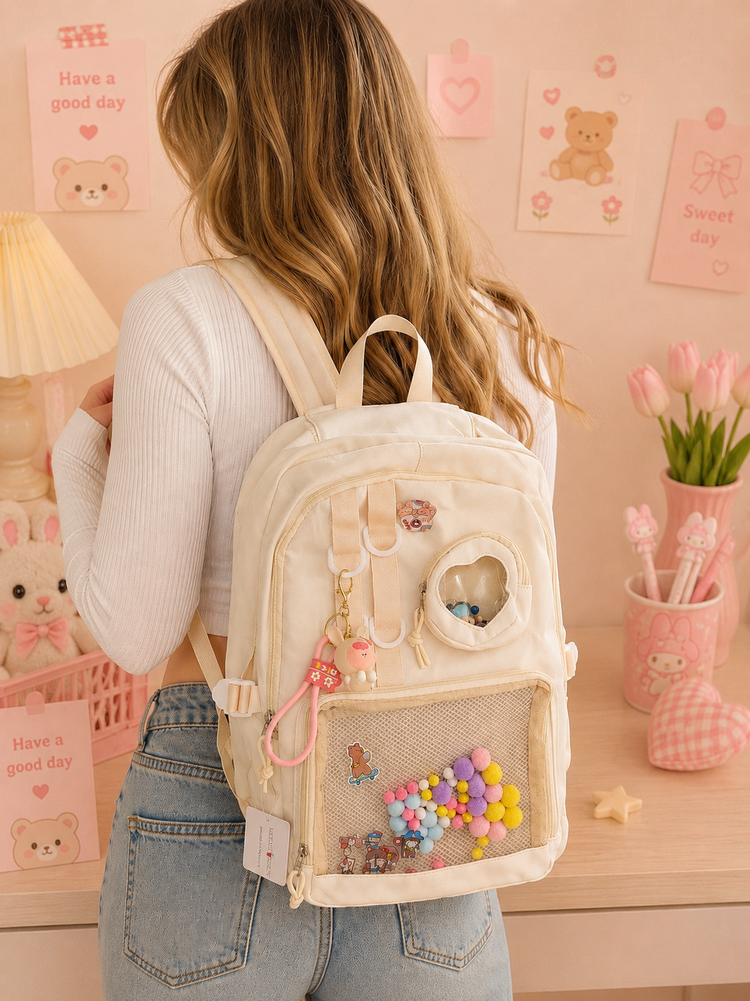 Multi Pocket Kawaii Cute Backpack with Accessories - Beige