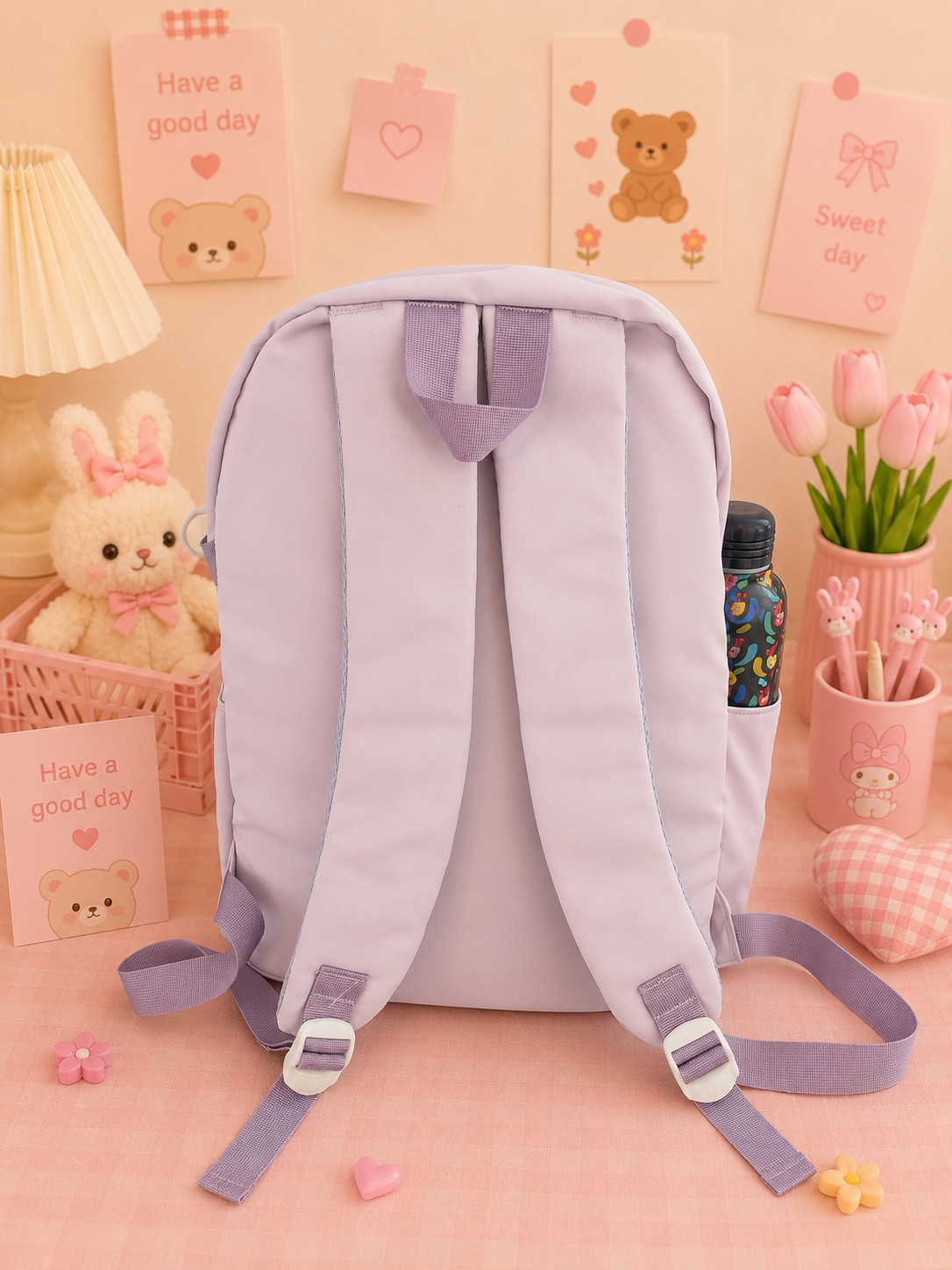 Multi Pocket Kawaii Cute Backpack with Accessories - Purple