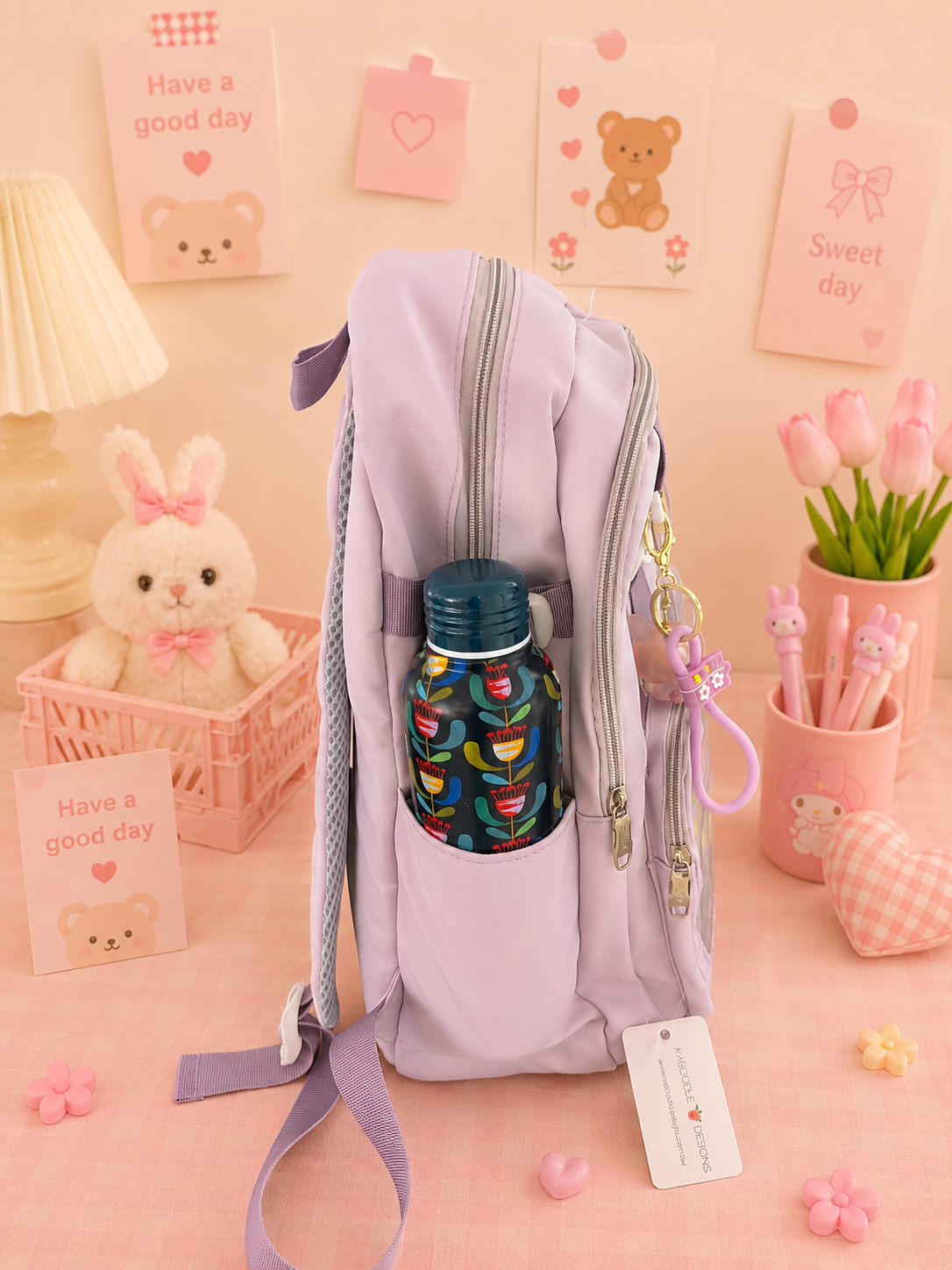 Multi Pocket Kawaii Cute Backpack with Accessories - Purple