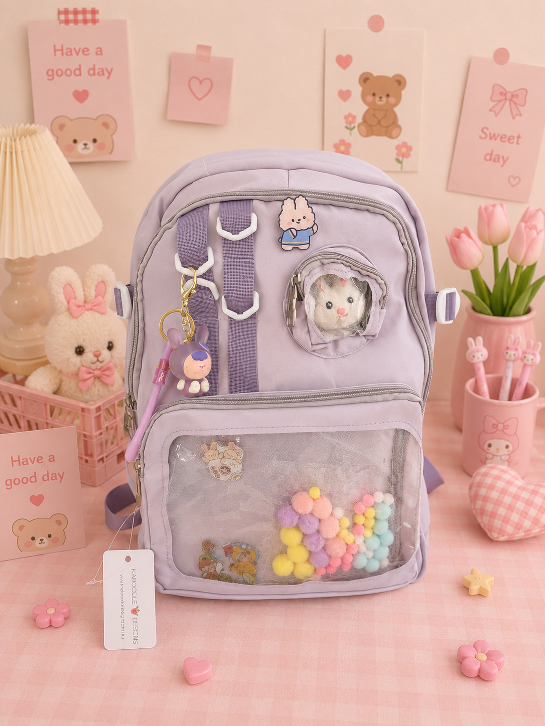 Multi Pocket Kawaii Cute Backpack with Accessories - Purple