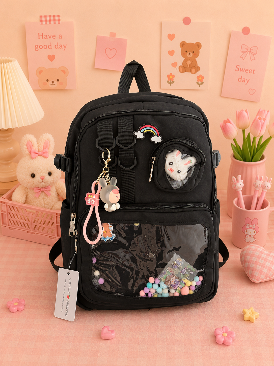 Multi Pocket Kawaii Cute Backpack with Accessories - Black