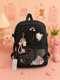 Multi Pocket Kawaii Cute Backpack with Accessories - Black
