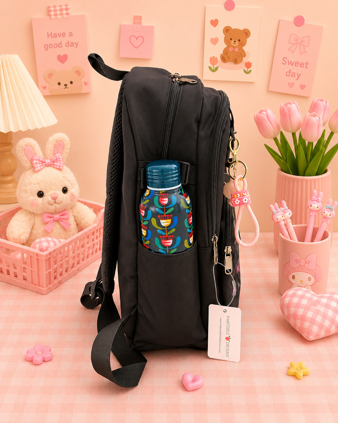Multi Pocket Kawaii Cute Backpack with Accessories - Black