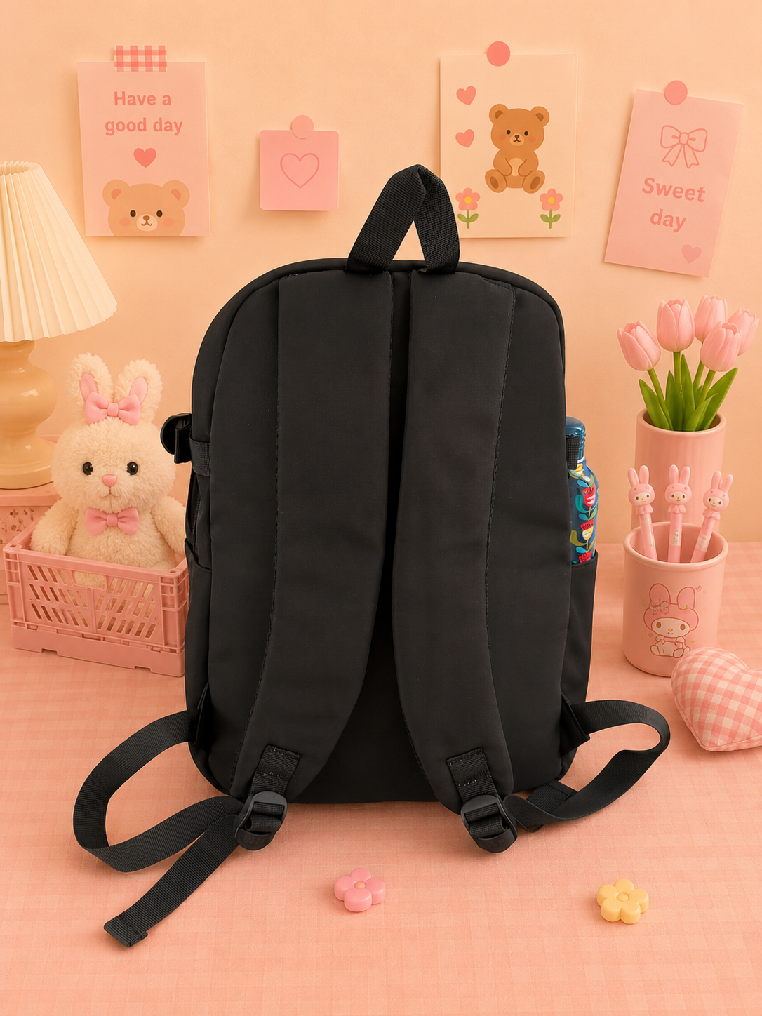 Multi Pocket Kawaii Cute Backpack with Accessories - Black