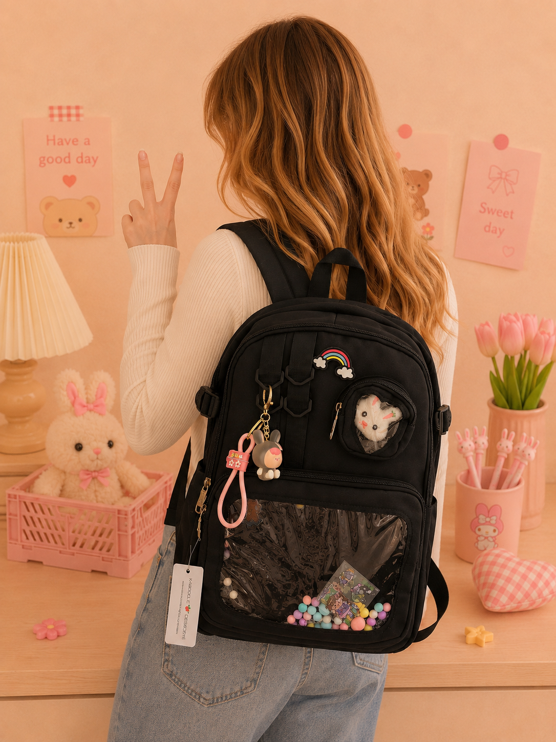 Multi Pocket Kawaii Cute Backpack with Accessories - Black