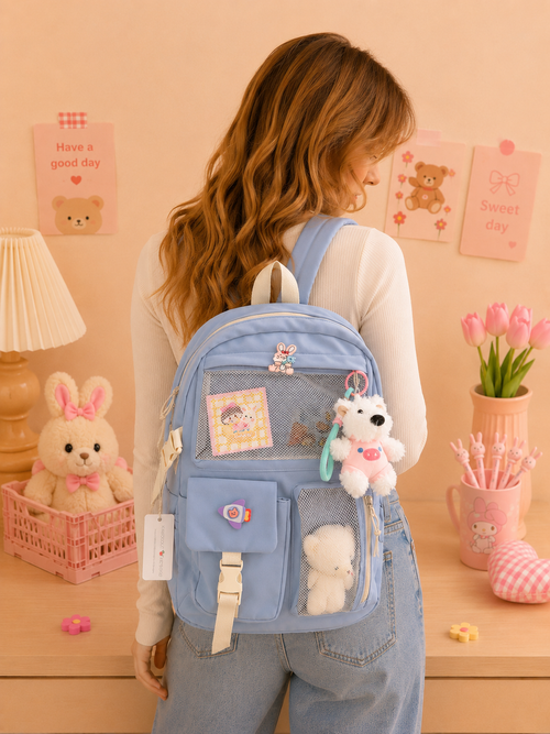 Multi Pocket Kawaii Cute Backpack with Accessories - Blue