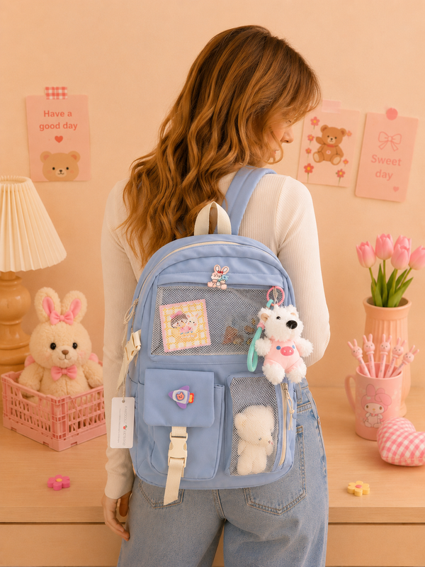 Multi Pocket Kawaii Cute Backpack with Accessories - Blue