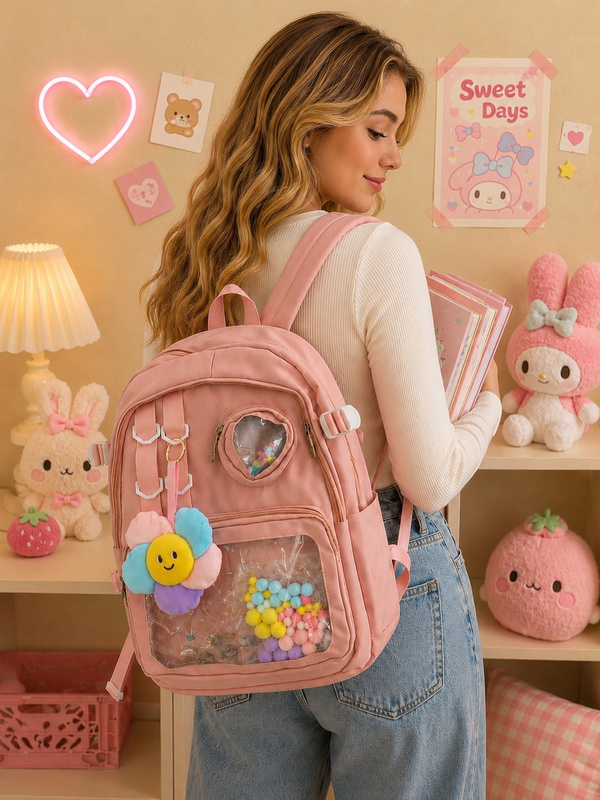 Multi Pocket Kawaii Cute Backpack with Accessories - Pink