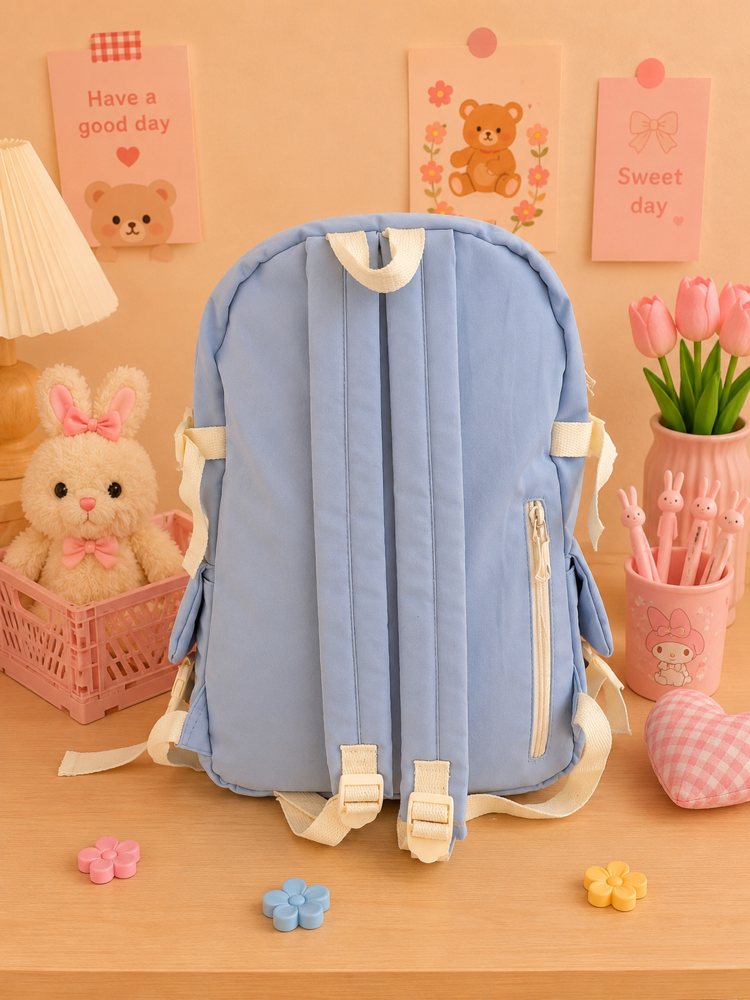Multi Pocket Kawaii Cute Backpack with Accessories - Blue