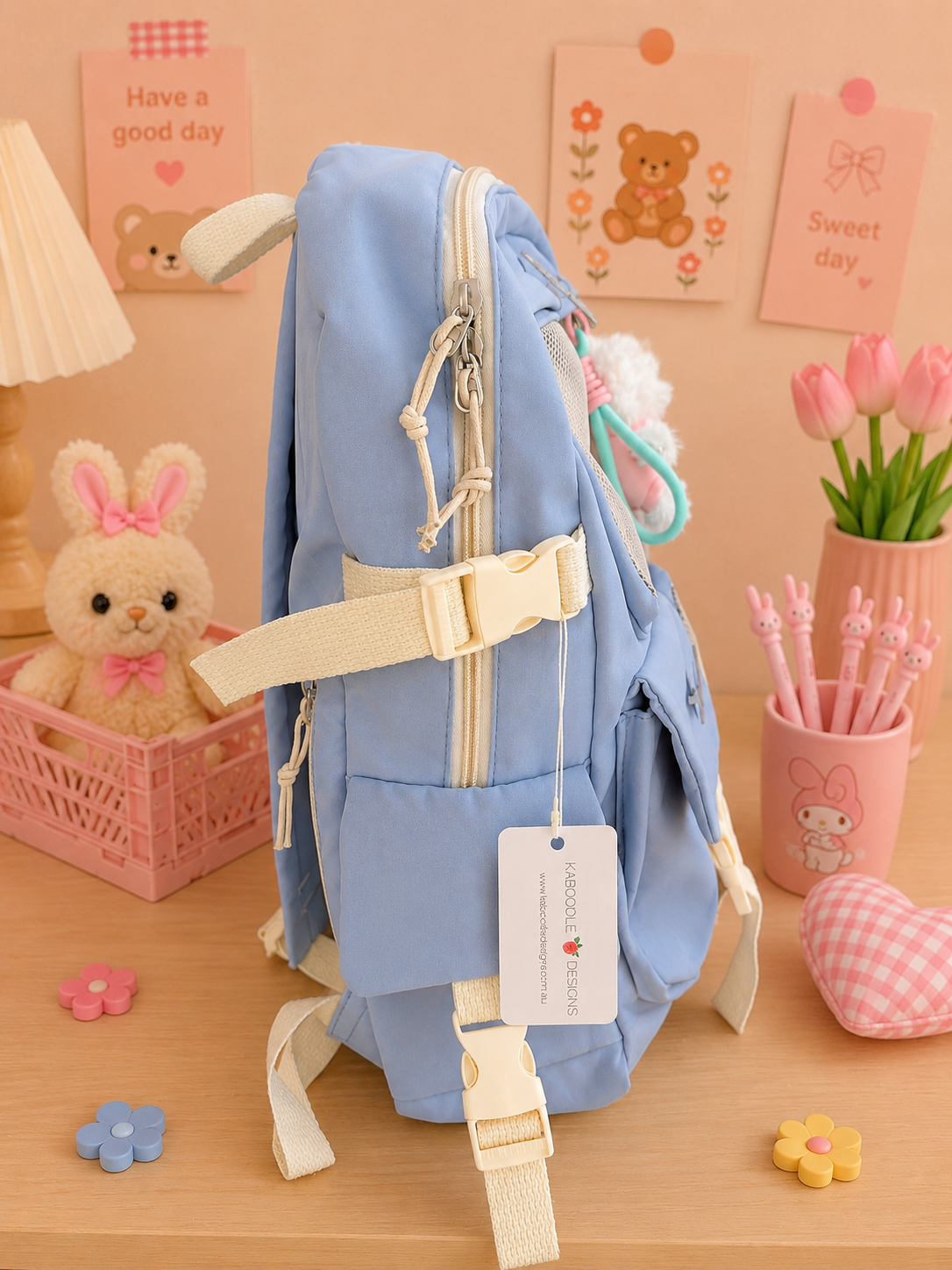 Multi Pocket Kawaii Cute Backpack with Accessories - Blue
