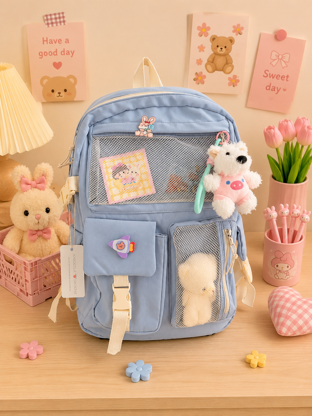 Multi Pocket Kawaii Cute Backpack with Accessories - Blue