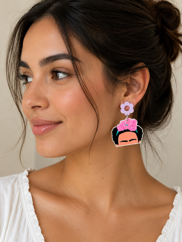 Frida Kahlo Flower Monobrow Drop Dangle Earrings