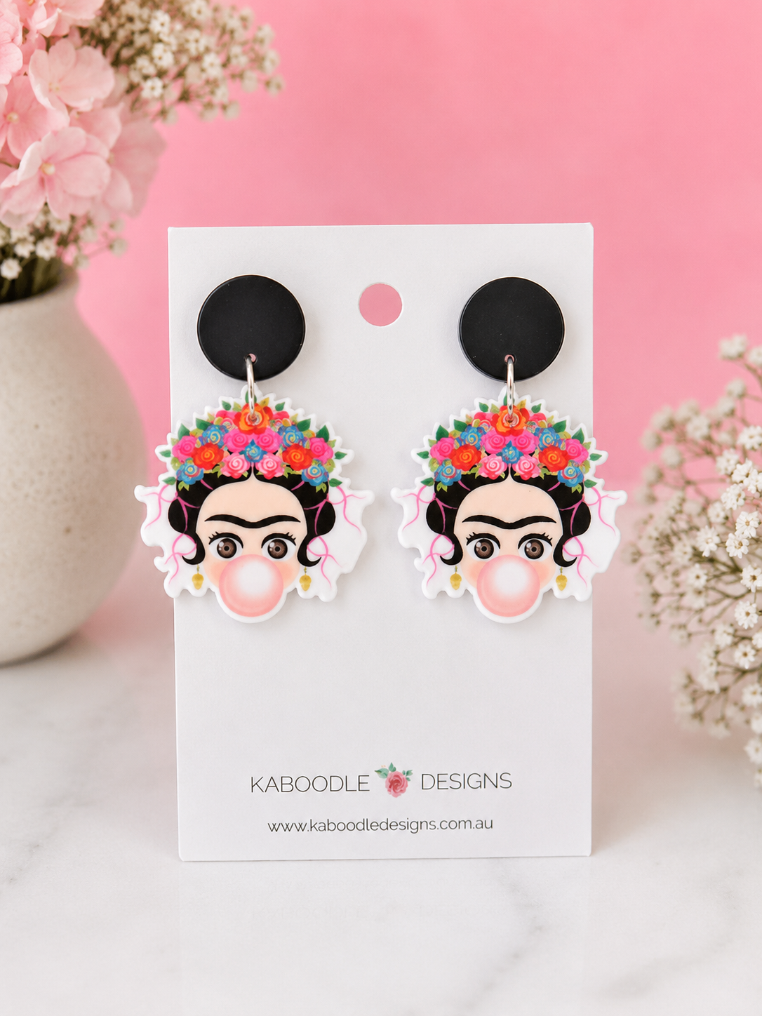 Acrylic Frida Kahlo Bubble Gum Drop Dangle Earrings