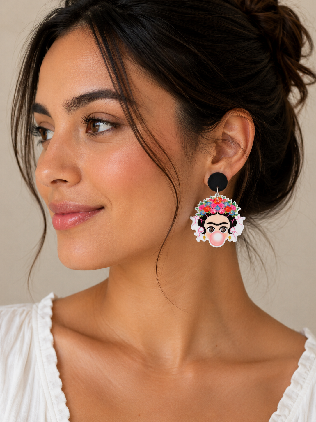 Acrylic Frida Kahlo Bubble Gum Drop Dangle Earrings