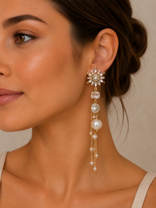 Diamonte Rhinestone Faux Pearl Statement Drop Dangle Earrings