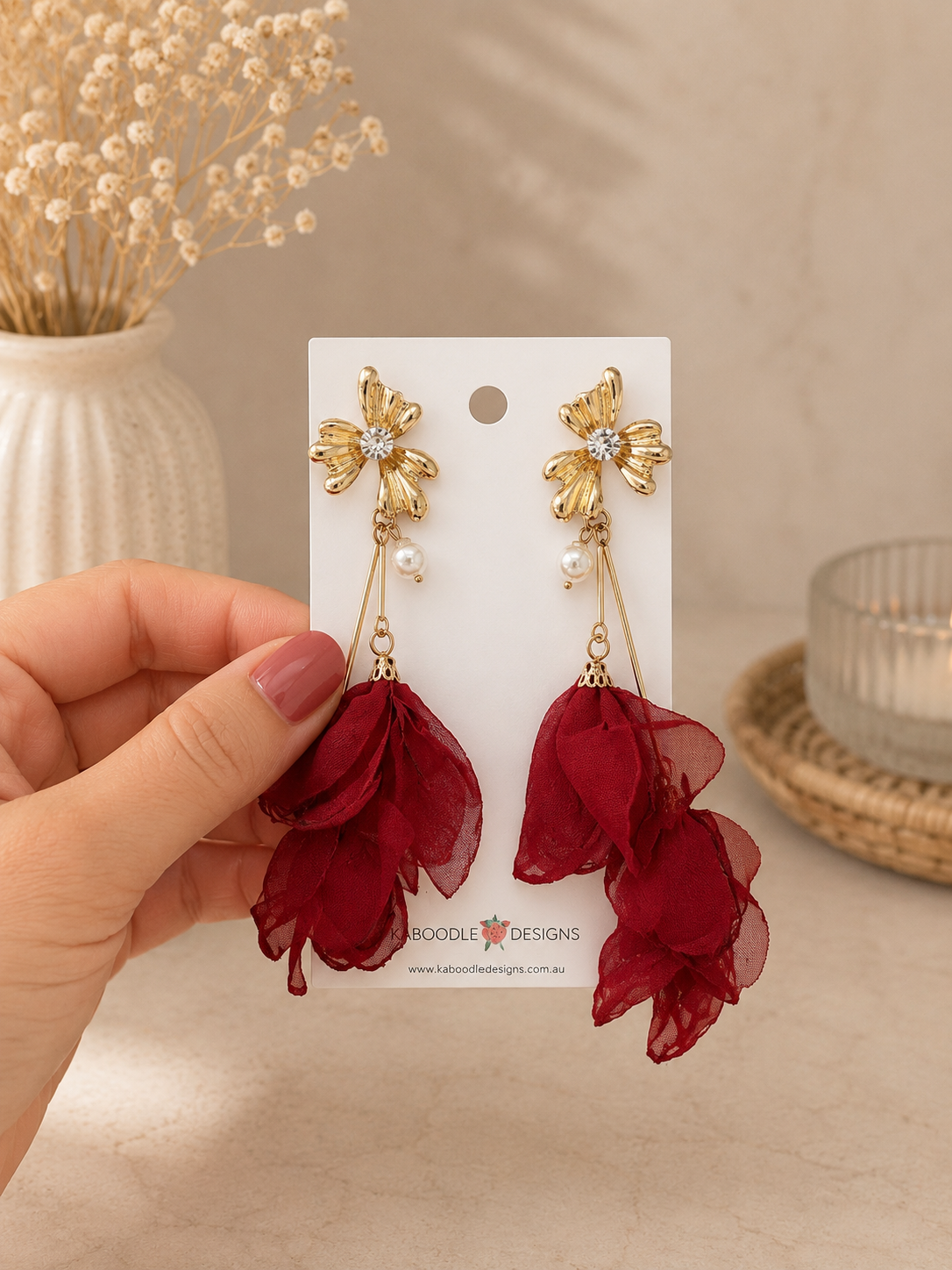 Rhinestone Chiffon Flower Statement Drop Dangle Earrings