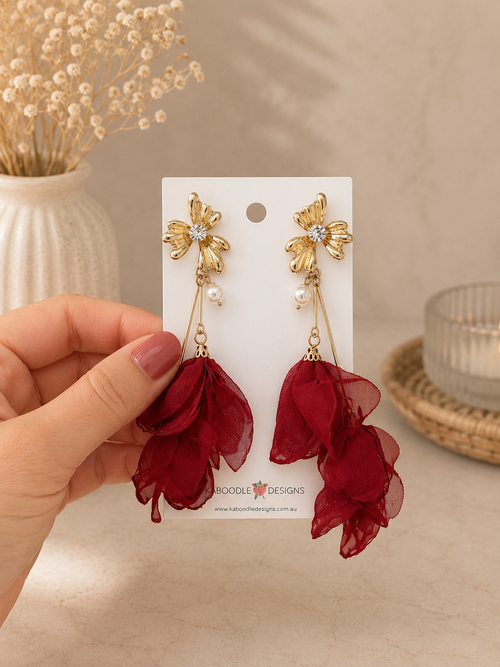 Rhinestone Chiffon Flower Statement Drop Dangle Earrings
