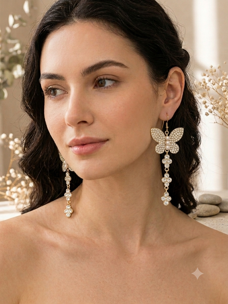 Diamonte Rhinestone Butterfly Statement Drop Dangle Earrings