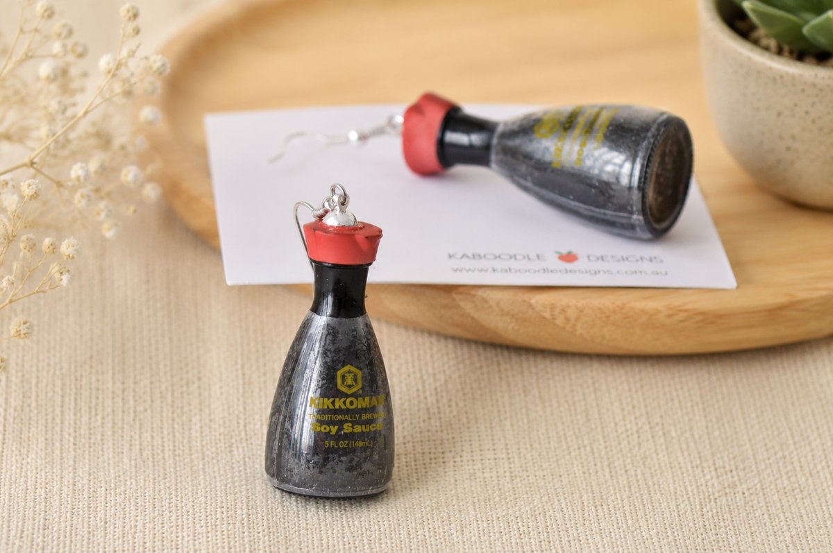 3D Kikkoman Soy Sauce Sushi Drop Dangle Earrings