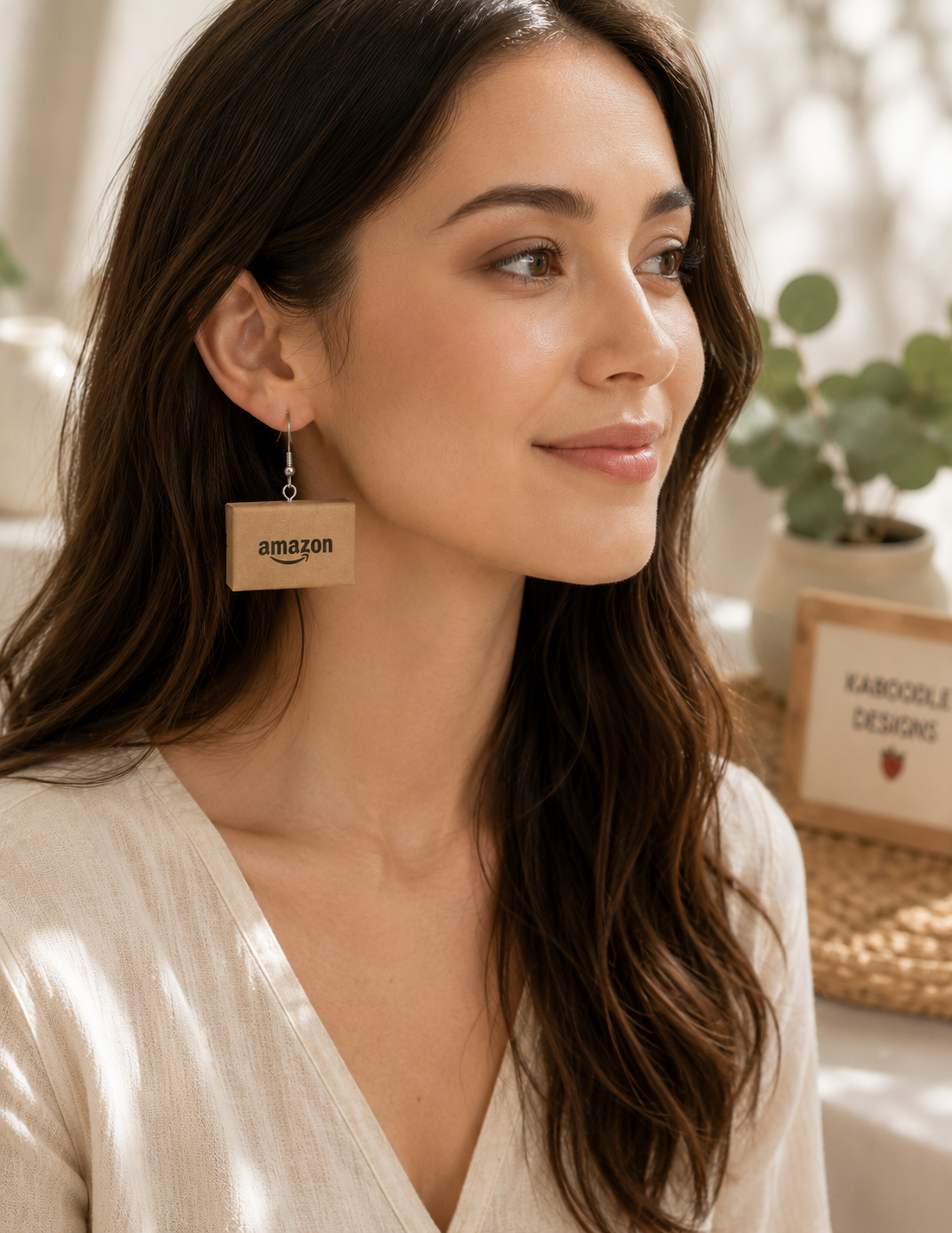 Close-up of woman wearing a single brown Amazon box paper earring on stainless steel hook