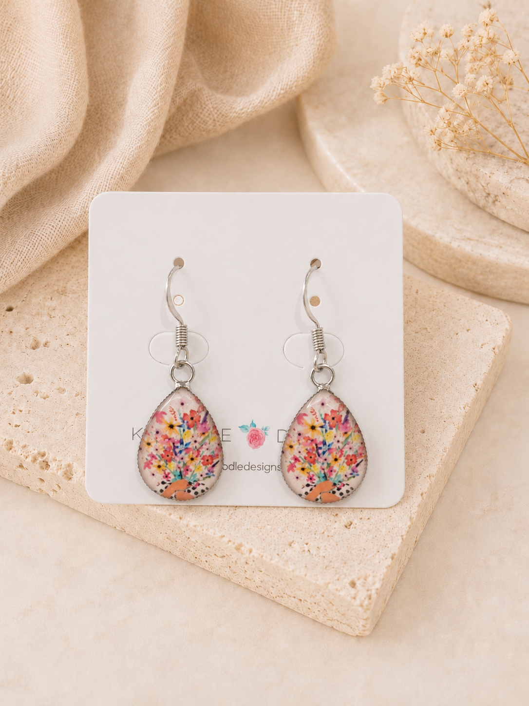 Handmade Teardrop Flower Bouquet Dangle Earrings