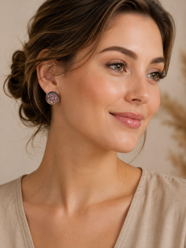 Close-up of midnight blue stud earring worn on model's ear