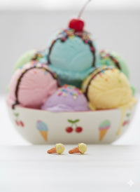 Pair of ice cream cone stud earrings on white surface in front of a blurred ice cream bowl backdrop
