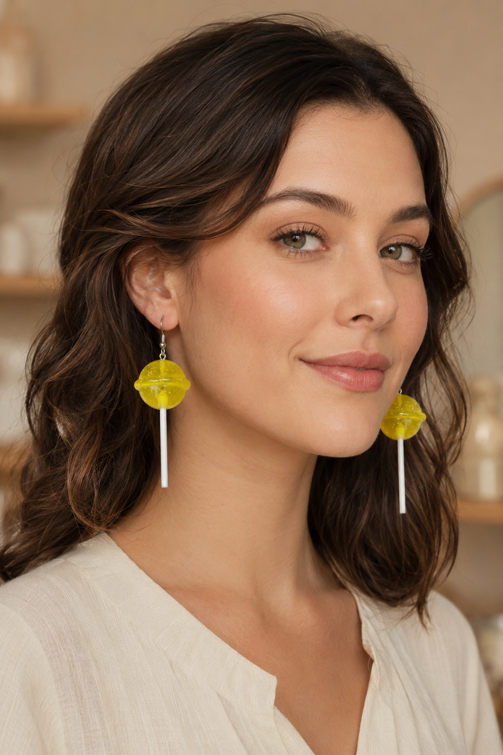 Lollipop Candy Earrings - Yellow Glitter Dangle Drops