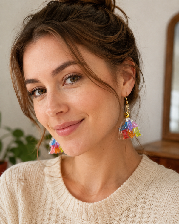 Gummy Bear Earrings - Lime Green Candy Bag Dangle Drops