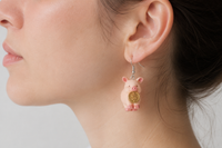 Piggy Bank Earrings - Pig with Gold Coin Dangle Drops