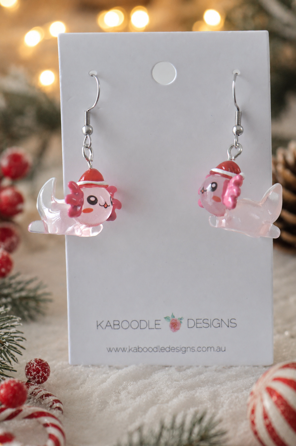 Axolotl Earrings - Pink Christmas Santa Hat Dangle Drops