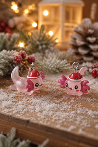 Axolotl Earrings - Pink Christmas Santa Hat Dangle Drops