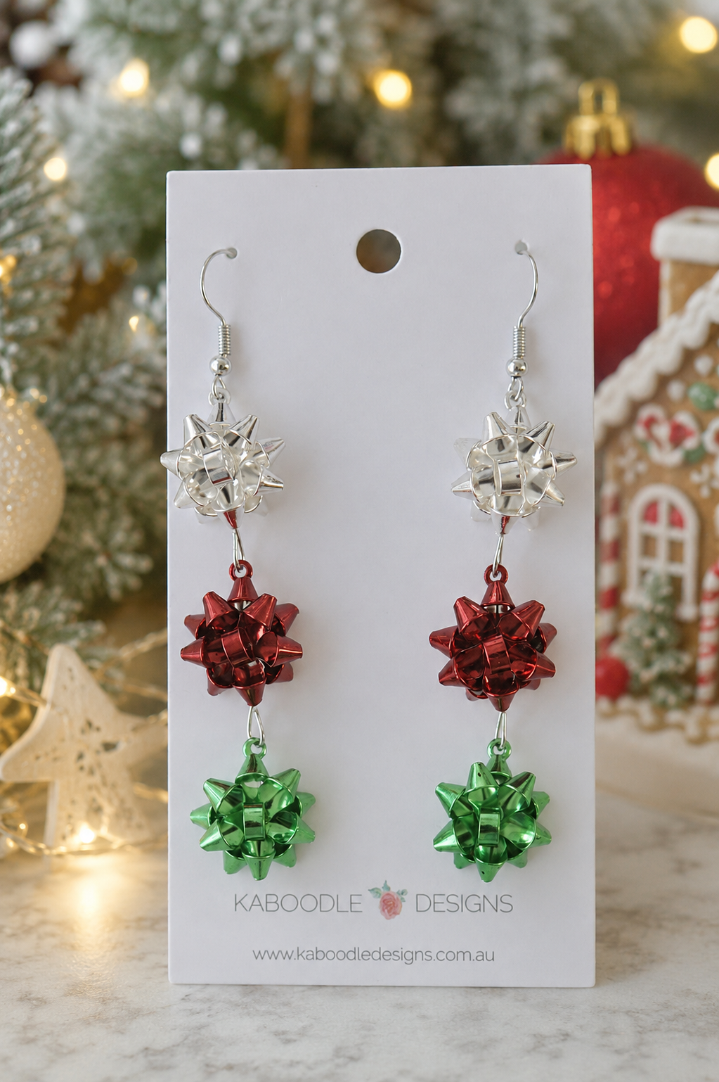 Present Gift Earrings - Christmas Green and Red Ribbon Dangle Drops