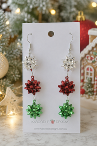 Present Gift Earrings - Christmas Green and Red Ribbon Dangle Drops