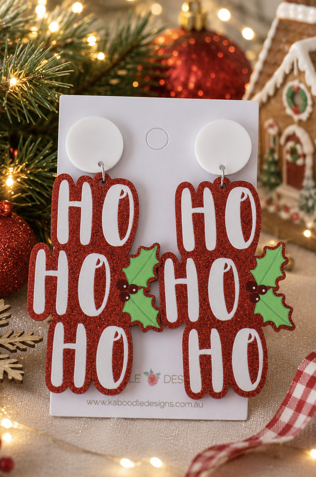 Holly Berry HOHOHO Earrings - Acrylic Christmas Dangle Drops