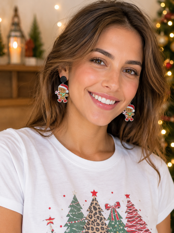 Gingerbread Man Earrings - Christmas Santa Hat Candy Cane Dangles