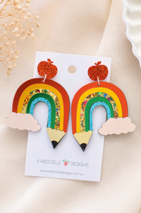 Teacher Earrings - Rainbow Pencil, Cloud and Apple Drop Dangles