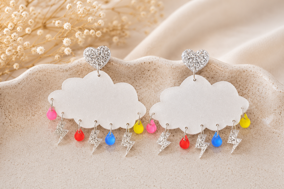 Rain Cloud Earrings - Rainbow Lightning Acrylic Dangles