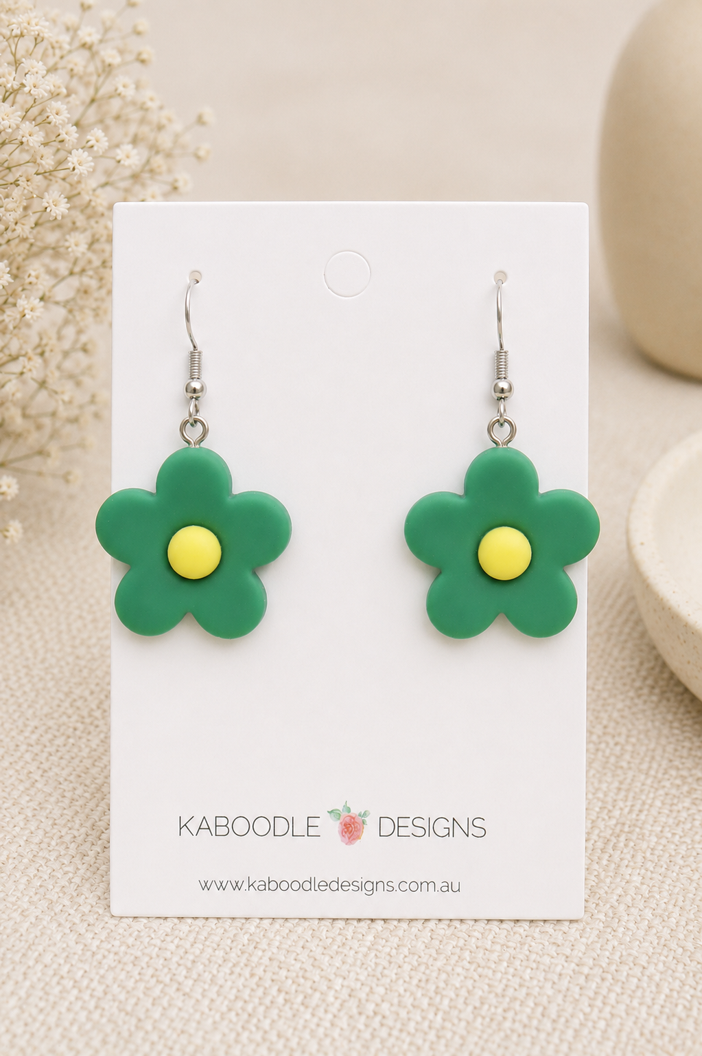 Flower Earrings - Green Drop Dangle