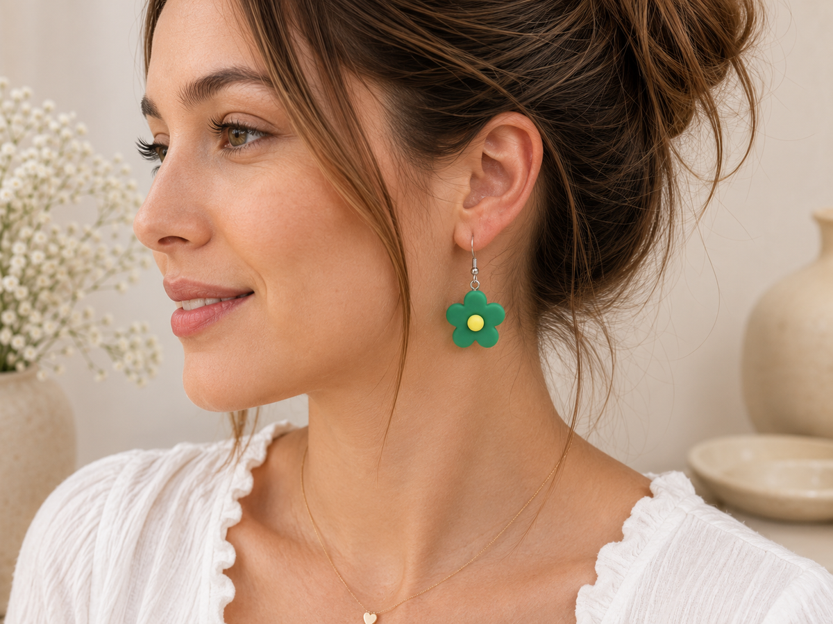Flower Earrings - Green Drop Dangle