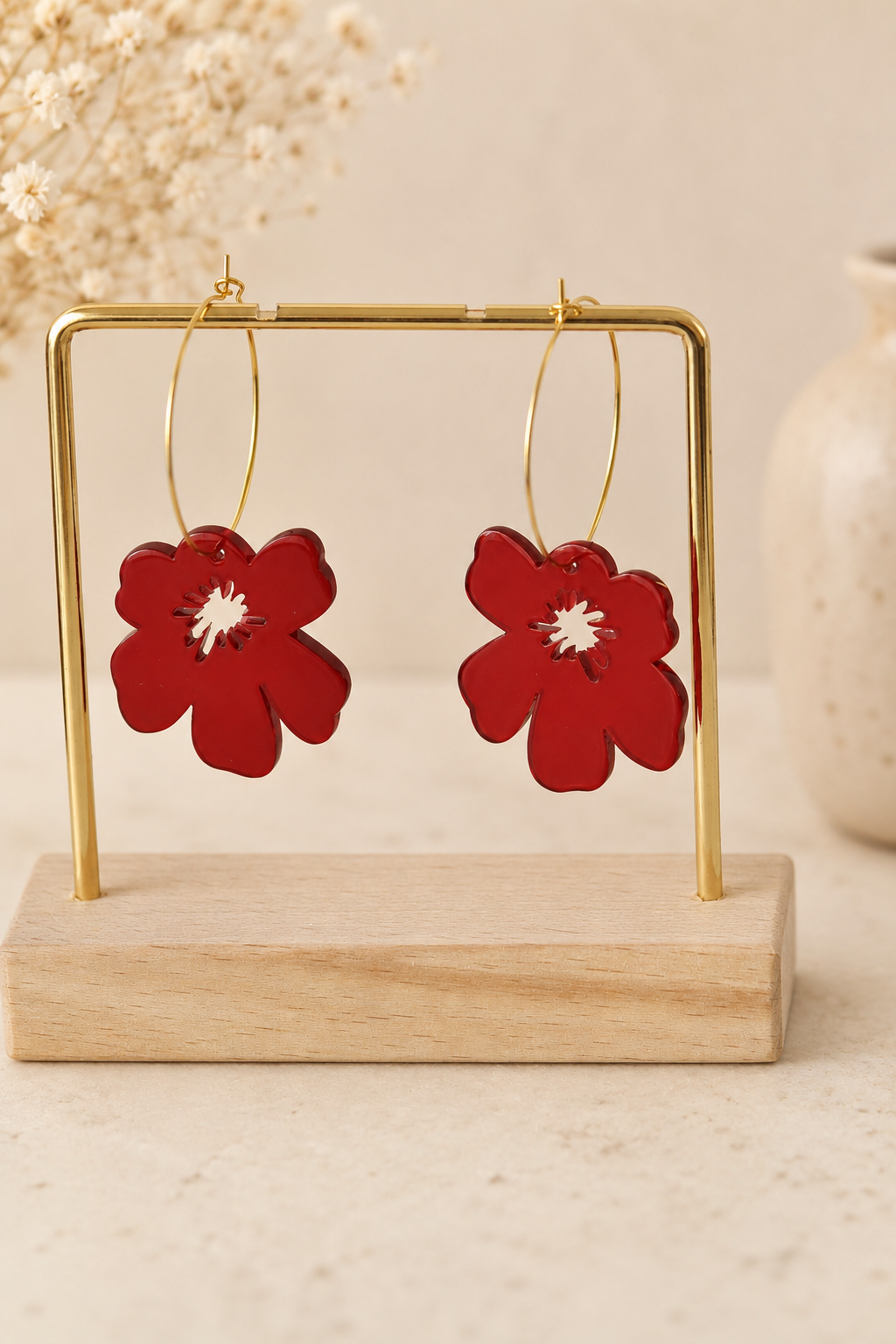 Poppy Earrings - Red Acrylic Flower Dangle Drops