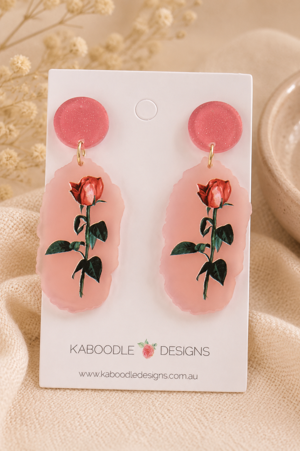 Rose Stud Earrings - Red Acrylic Valentine's Day I Love You