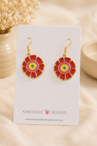 Flower Earrings - Red Enamel Dangle Drops