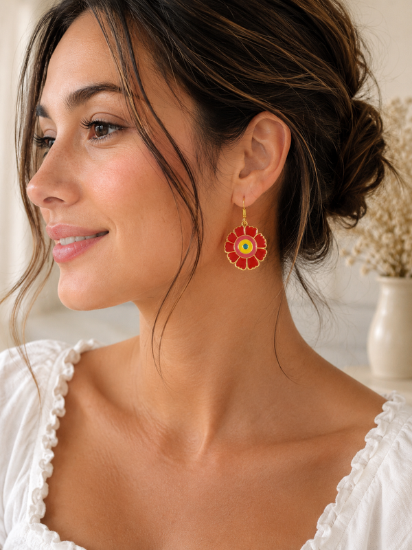 Flower Earrings - Red Enamel Dangle Drops