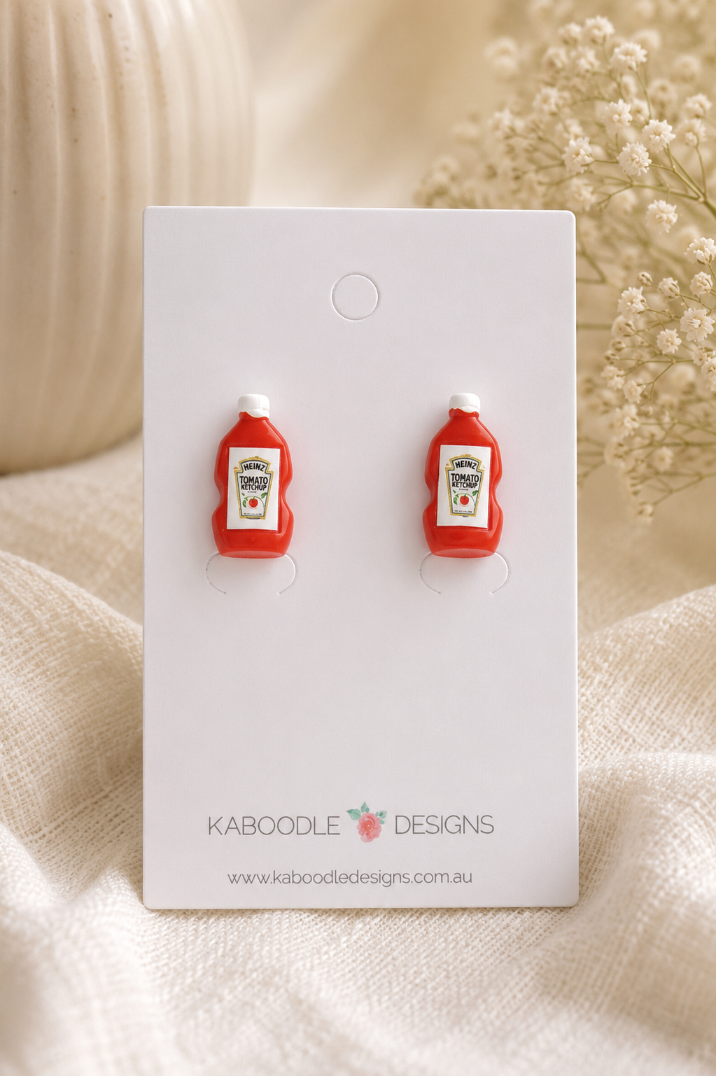 Tomato Sauce Bottle Earrings - Novelty Dangle Drops