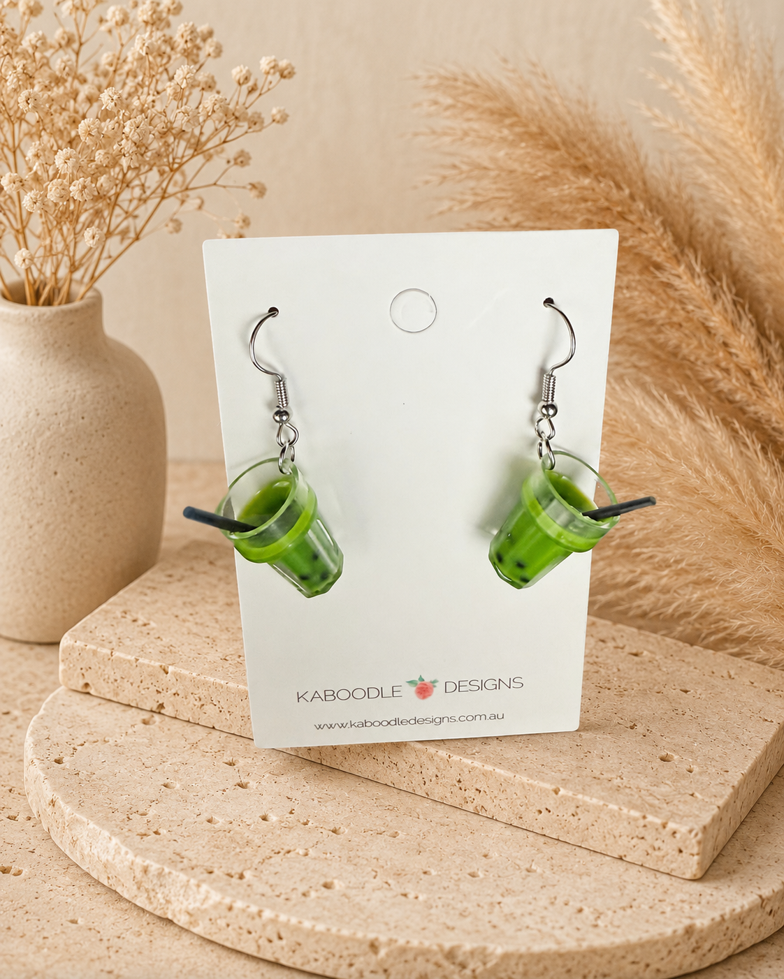 Matcha Boba Milk Tea Earrings - Green Tea Pearl Milk Tea Boba Dangle Drops
