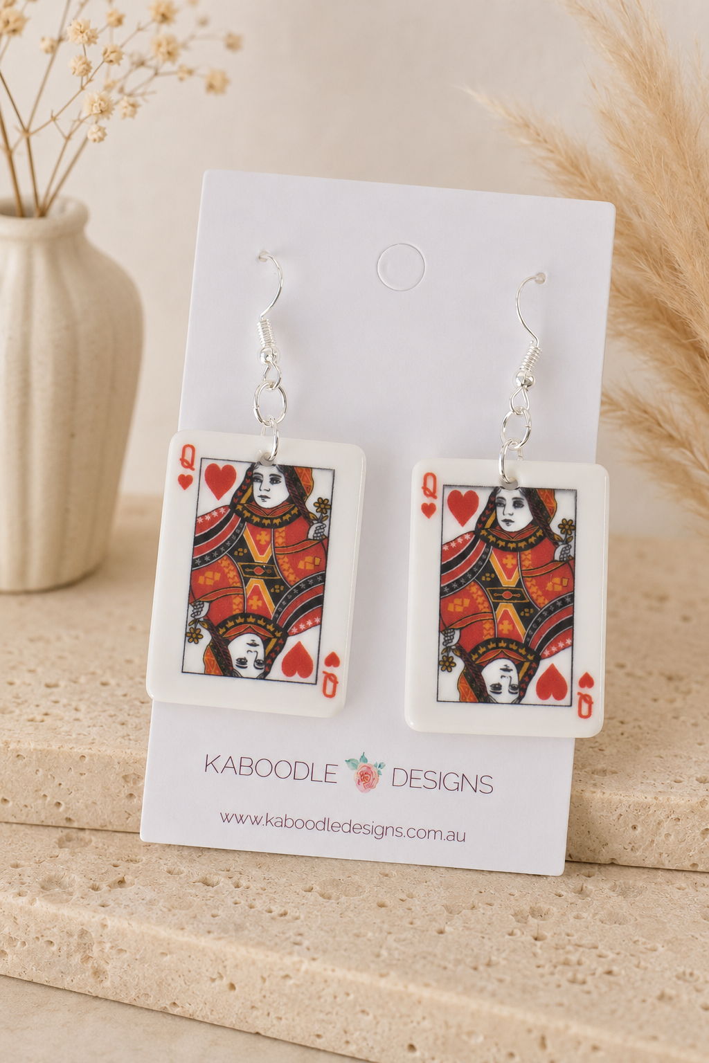 Playing Card Queen Earrings - Acrylic Novelty Dangle Drops