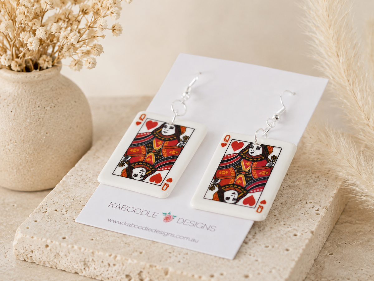 Playing Card Queen Earrings - Acrylic Novelty Dangle Drops