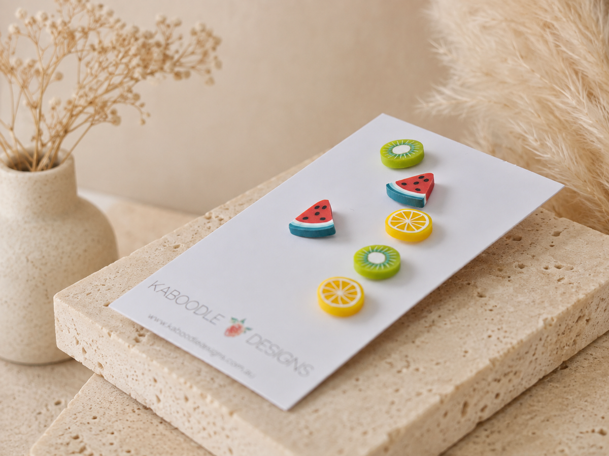 Fruit Stud Earrings - Set of 3, Watermelon, Lemon & Kiwi