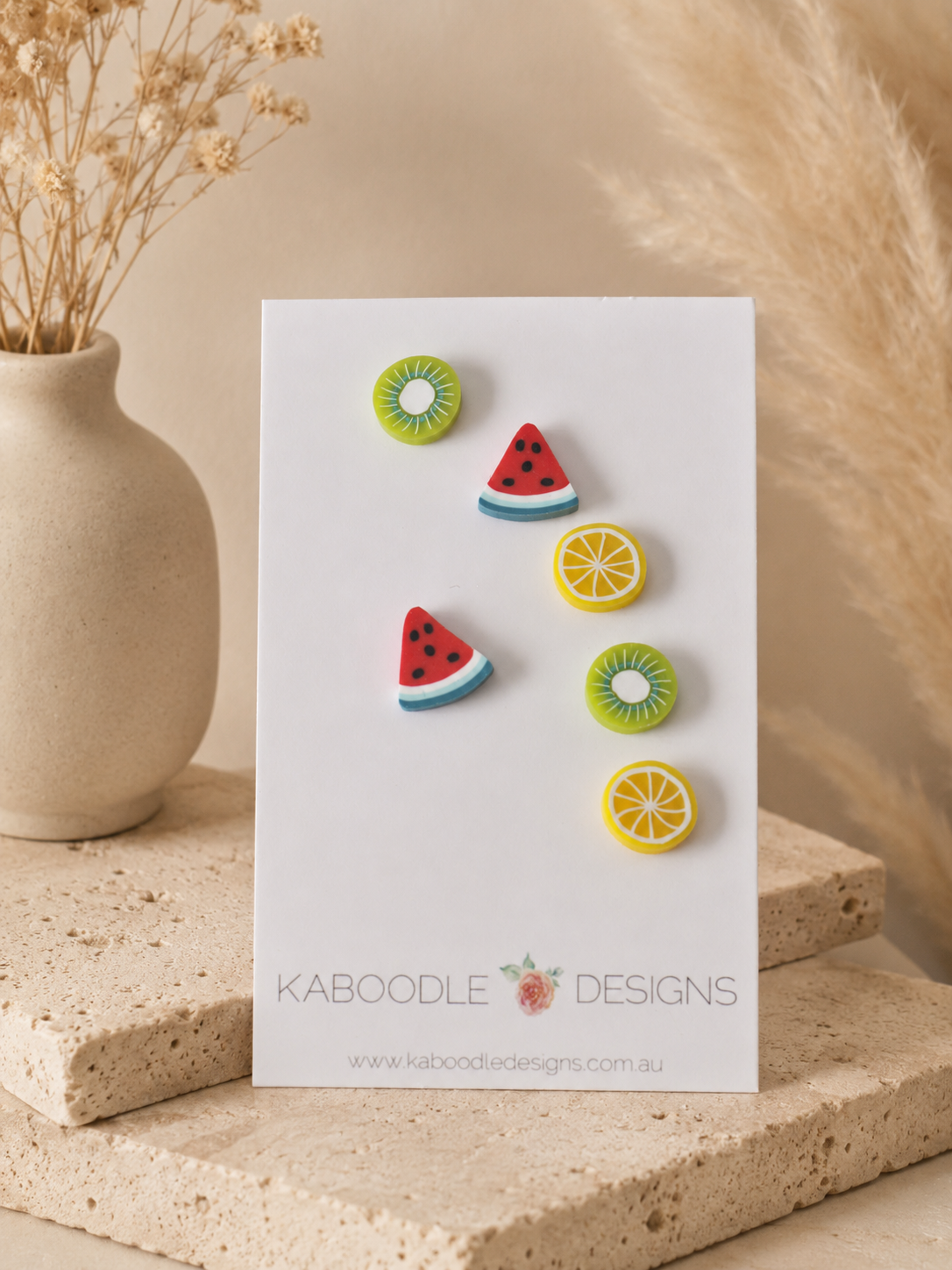 Fruit Stud Earrings - Set of 3, Watermelon, Lemon & Kiwi